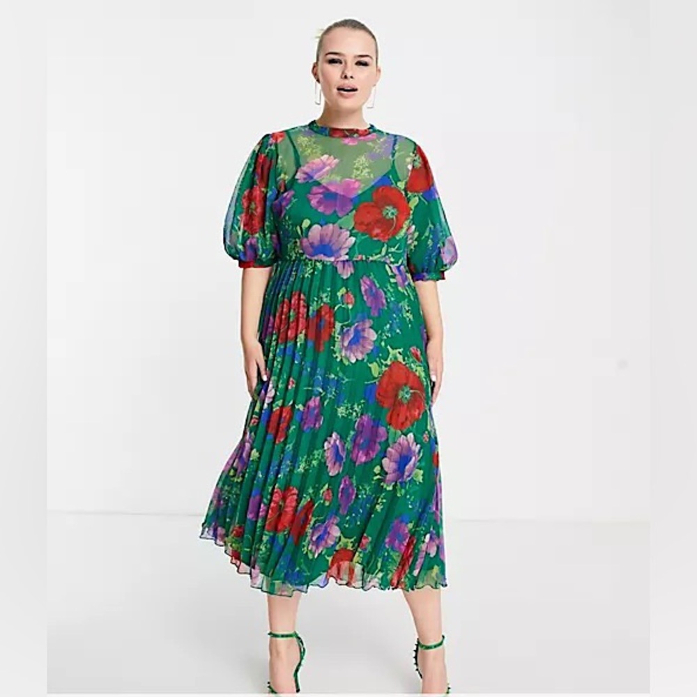 ASOS DESIGN Curve high neck pleated chevron textured midi dress